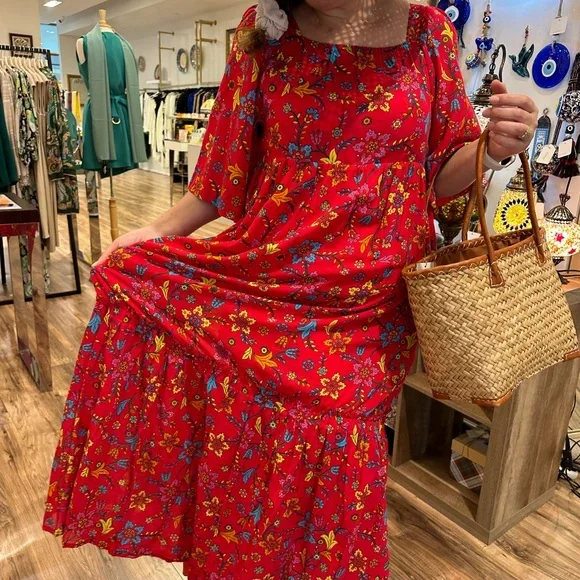 Cicek maxi red cotton dress, %100 cotton, cotton lined,